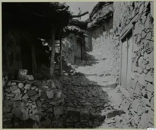 Stone-paved lane between stone houses with wooden doors, at Lazania