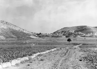 Landscape at Galinoporni with a village on a hillside, a lone tree and a dirt track in the foreground