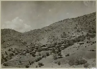 Village of Lazania built into a hillside above a valley, with terraced slopes and scattered trees