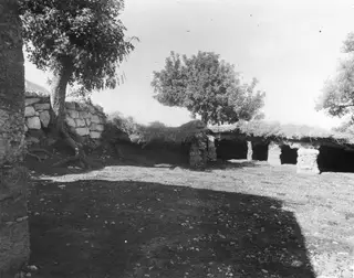 Open yard with a stone wall, trees and a low straw-roofed stone structure with dark openings