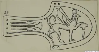 Field drawing of bronze horse-trappings with a winged animal figure and pointed projections