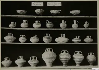 Pottery vessels from Lapithos Markides T.1 arranged in four rows on wooden shelves against a dark background