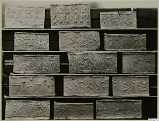 Fifteen rectangular cylinder-seal impressions with carved figures and patterns, arranged in rows on wooden shelves