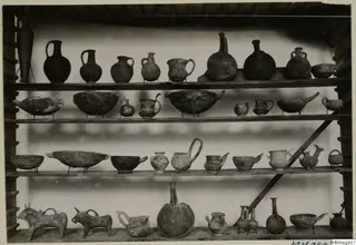 Four wooden shelves of pottery vessels on display, with jugs, flasks, bowls and two bull-shaped vessels at lower left.