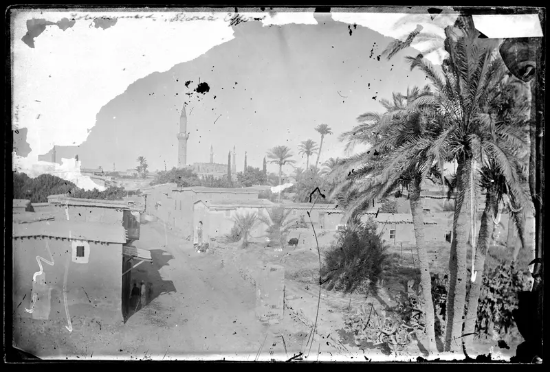 Dirt road lined with low flat-roofed houses and palm trees, with a tall minaret in the distance, Nicosia