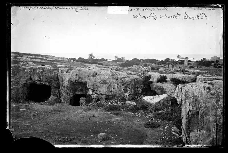 Rock-cut tomb openings in a limestone outcrop, with the sea and palm trees in the distance