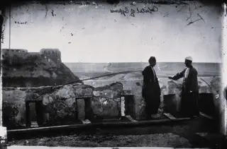 Nicosia: two men on the walls, 1981 contact print