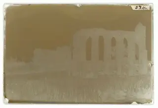 Famagusta: ruined churches beyond a field of crops, The glass negative