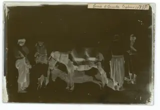Four men with a laden donkey in a street, The glass negative