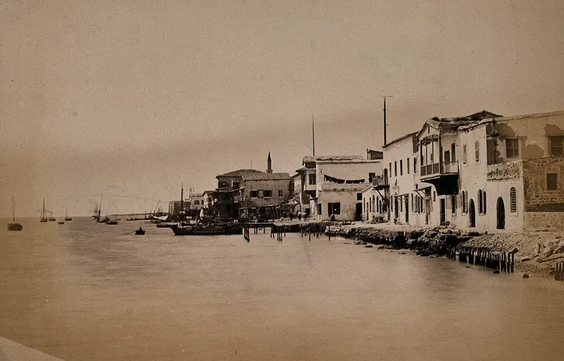 Row of whitewashed houses along a harbour shore, with boats moored on the calm water beside them.