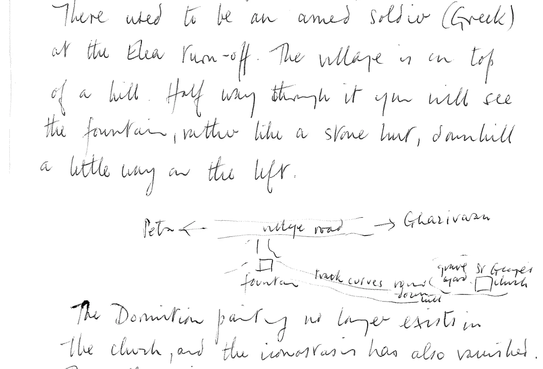 A page of Brew's handwritten directions, with a sketch map showing the village road between Petra and Gharivaran, a fountain 'rather like a stone hut' below it, and a track curving downhill past a graveyard to the church. (Ashmolean Museum, Oxford)