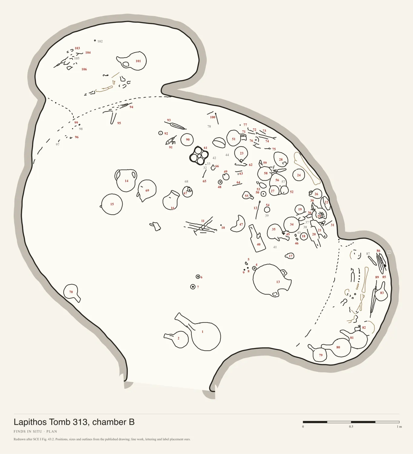 Plan of Chamber B of Lapithos Tomb 313, with every object drawn where it was found on the chamber floor