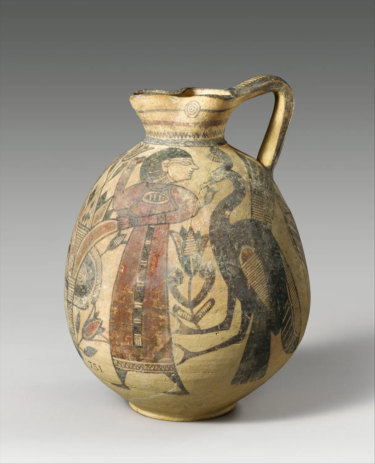 Bichrome jug with a man, a bird and a tree, Cypro-Archaic, about 750 to 600 BC, from the Cesnola Collection (Metropolitan Museum of Art, 74.51.509)