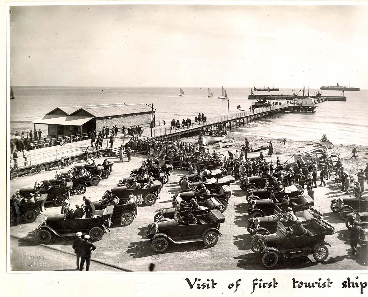Passengers from the first tourist cruise ship boarding taxis at the Scala, the harbour quarter of Larnaca, on 10 March 1927. Photo by Glaszner, from a Gunnis album. (Tunbridge Wells Borough Council t/a The Amelia.)
