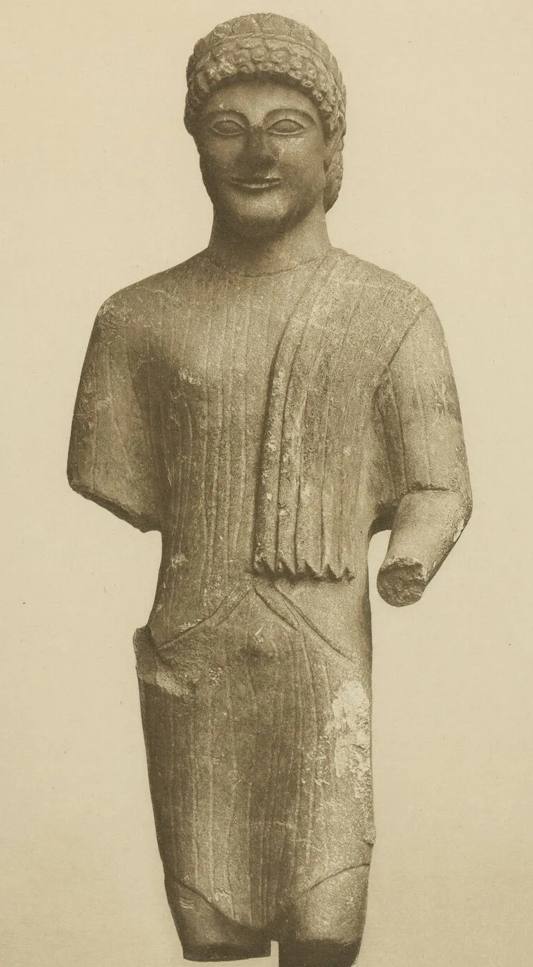 A Cypriot limestone statue of a standing man in a diagonal mantle, Cypro-Archaic, from the de Clercq collection as published in André de Ridder's 1908 catalogue (Plate I). Bibliothèque nationale de France.