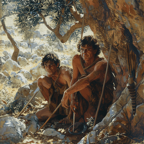 Neolithic Men pulling boat along the shore