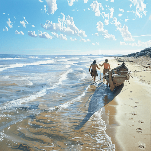 Neolithic Men pulling boat along the shore