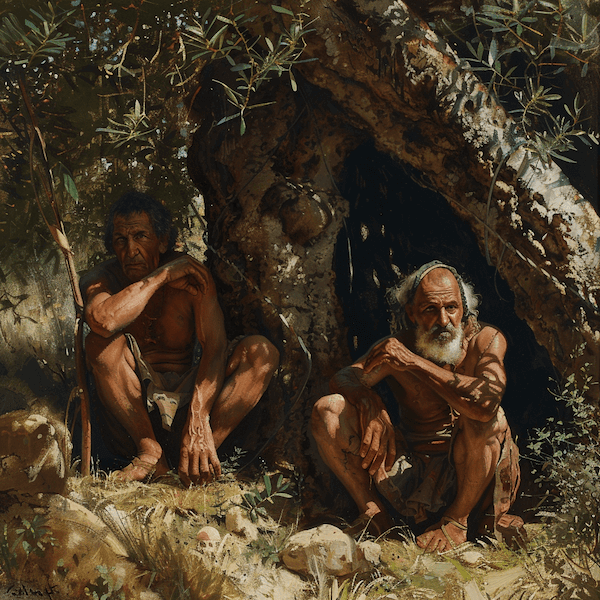 Neolithic Men pulling boat along the shore