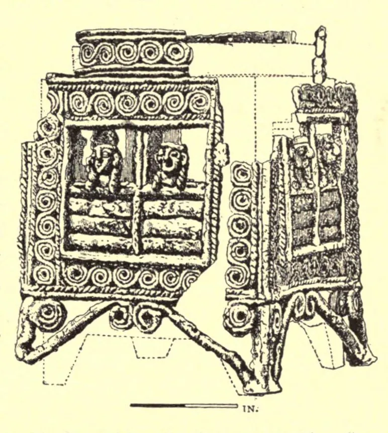 A Cypriot four-sided openwork bronze stand from Enkomi, the 'women at the windows' type, now in the British Museum. Engraving published by Frederik Poulsen in 1911.