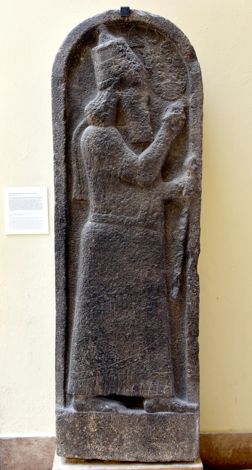 The basalt stele of Sargon II of Assyria, found at Kition in 1845; the British Museum offered twenty pounds for it, Berlin paid fifty. (Vorderasiatisches Museum, Berlin; photo Osama S. M. Amin, CC BY-SA 4.0)