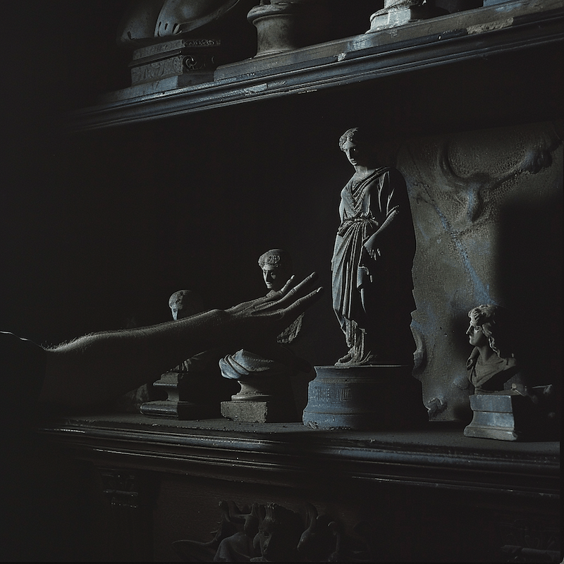 Hand reaching to ancient greek statue intending to steal it.