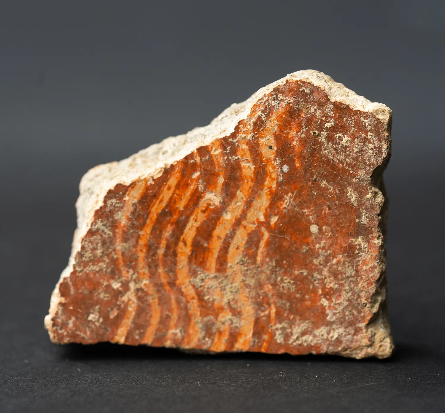 The concave inner face of a thick reddish potsherd, decorated with a series of parallel wavy bands in alternating deep orange-red and pale buff that sweep across the fragment, partly veiled by grey lime encrustation along the broken edges.
