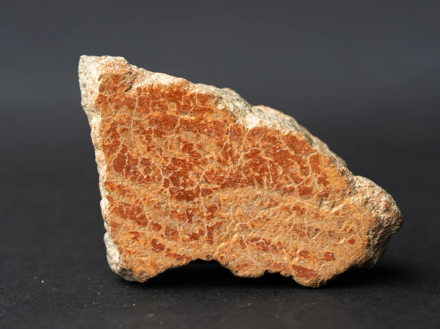 A potsherd seen from its decorated interior, with combed wavy lines visible under a crust of pale sediment, the reddish slip showing through in patches.
