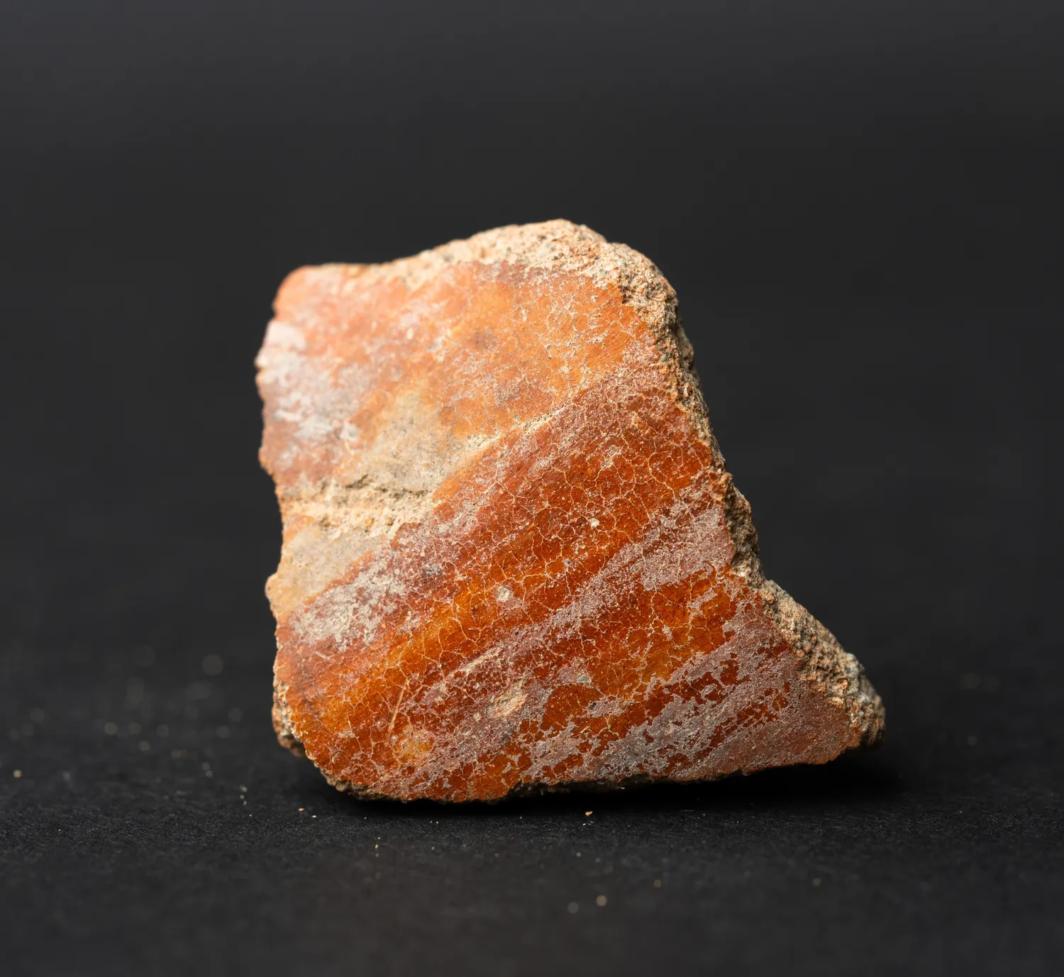 One of the five combed sherds against a dark ground, its reddish slip and pale combed bands worn smooth, the broken edges crusted with lime.