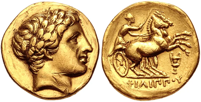 A gold stater struck in the types of Philip II of Macedon: the laureate head of Apollo, and a two-horse chariot driven at the gallop. Photograph: Classical Numismatic Group (CC BY-SA).