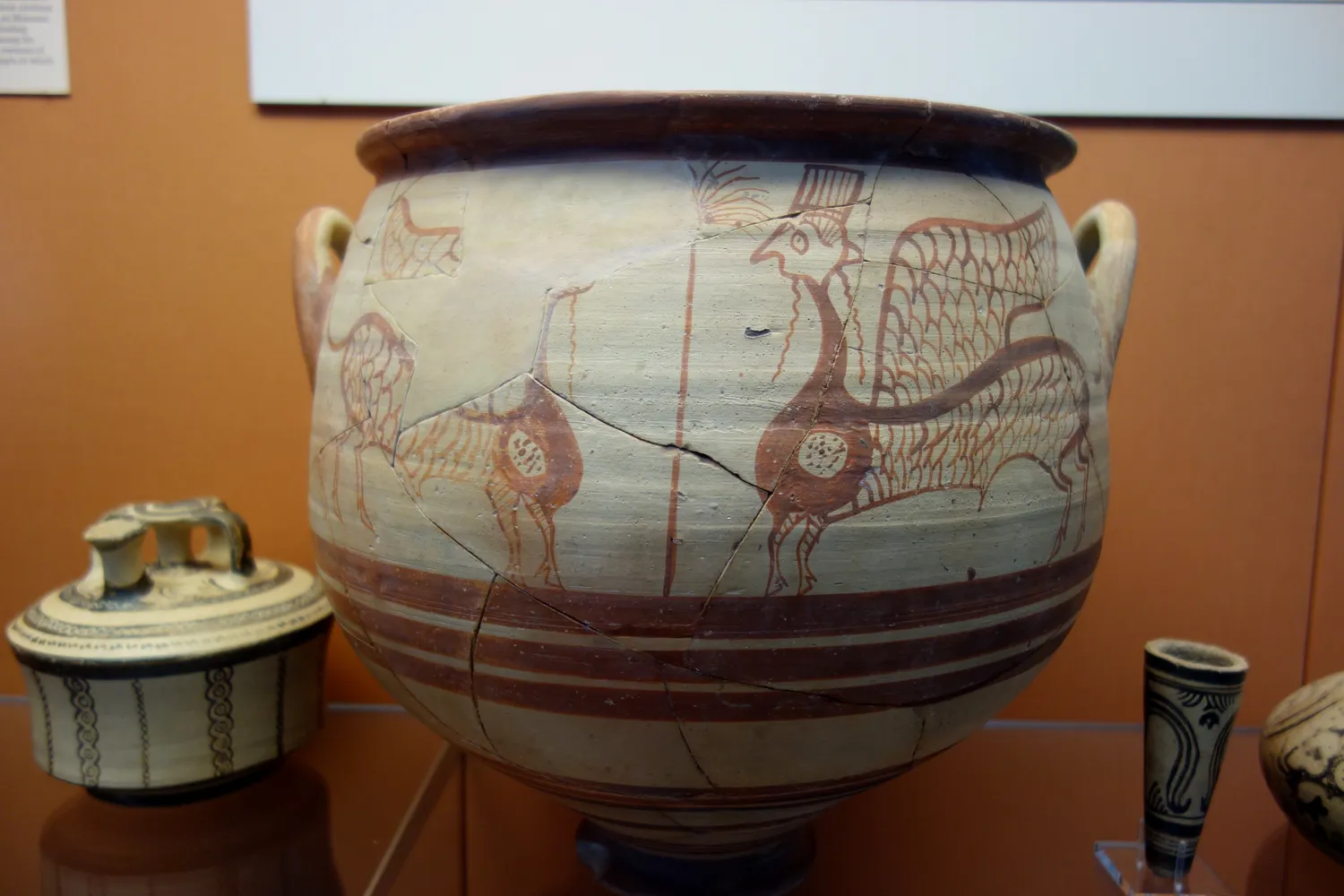 Mycenaean-style krater painted with winged sphinxes and long-necked birds, found in a tomb at Enkomi, about 1225–1200 BC; British Museum.