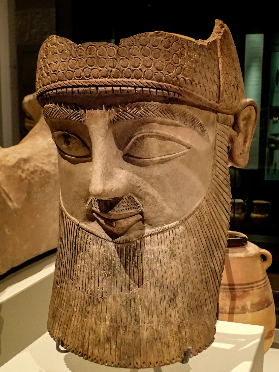 Colossal terracotta head of a bearded man in a crested helmet, from the favissa of the Salamis-Toumba sanctuary, excavated 1890; Ashmolean Museum, Oxford.