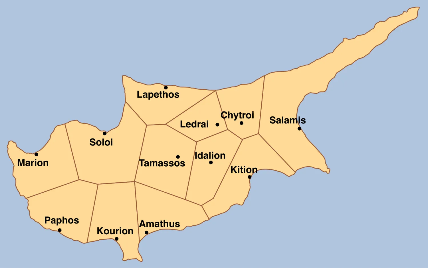 The ancient city-kingdoms of Cyprus. Salamis, his great dig, sits in the north-east, lost behind the 1974 line; his work then moved south and west, to Kition at Larnaca and the Paphos region. (Map by Badseed, Wikimedia Commons, CC BY-SA 3.0)