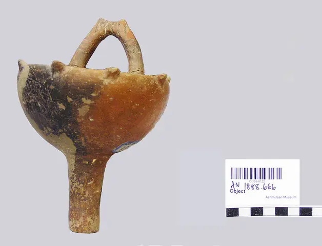 Red Polished funnel with basked handle, Early Bronze Age III Cypriot strainer
