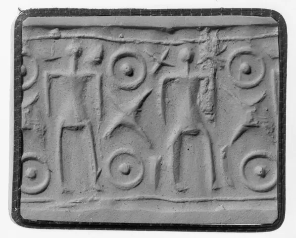 Cylinder seal, two human figures, crosses beside head of first, strokes beside legs, curves beside head of second, Late Bronze Age II Cypriot tool