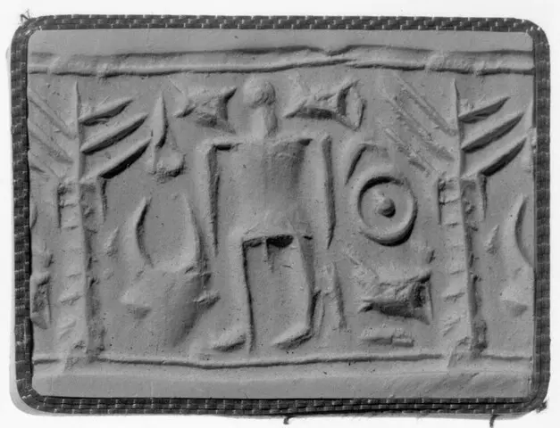 Cylinder seal, human figure with ingot, tree, bucranium, Late Bronze Age II Cypriot tool