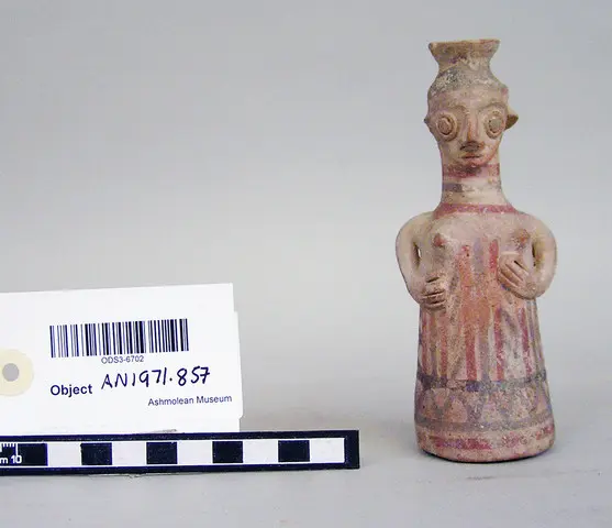 Base Ring figurine vase of clothed female touching her breasts, Late Bronze Age II Cypriot statue