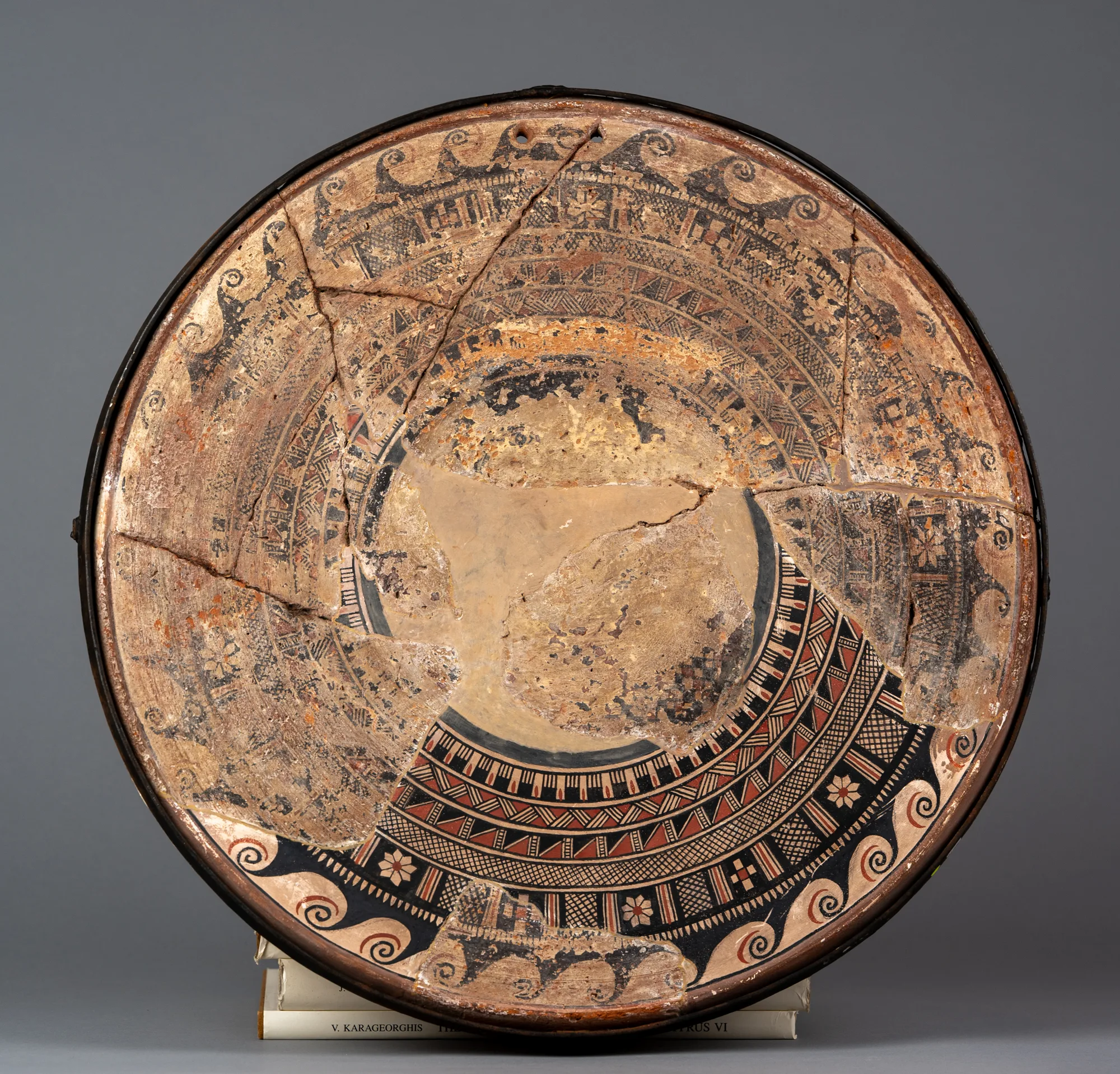 Large Bichrome Plate from Salamis with a Wave Band and Rosette Metopes, Archaic I Cypriot dish