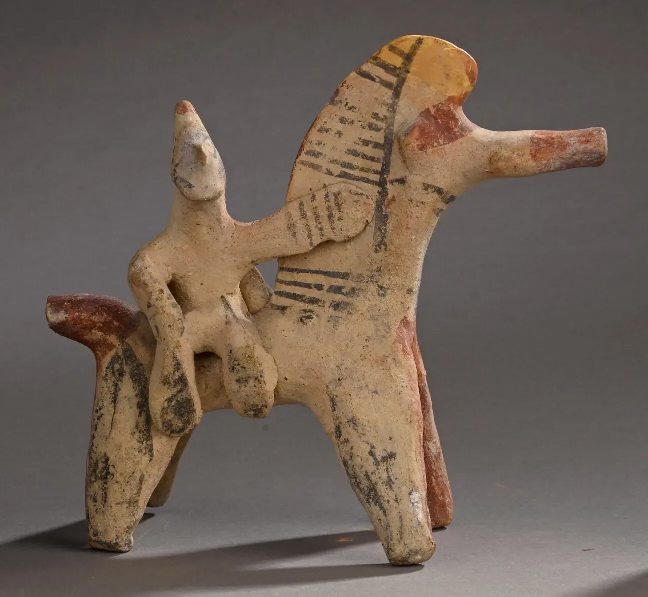 Handmade Horse and Rider with a High Painted Crest, Archaic I Cypriot statue