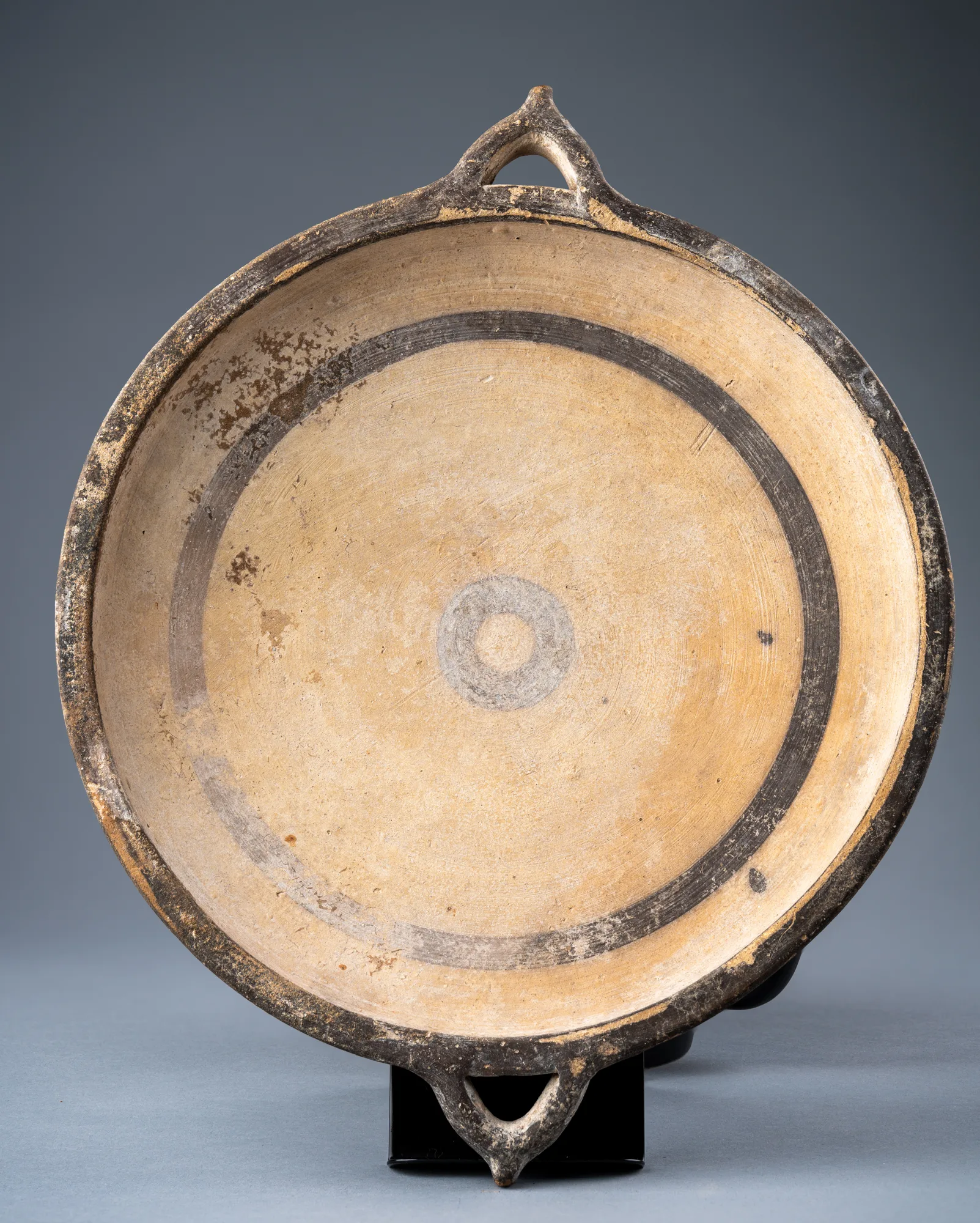 Large White Painted Plate with Knobbed Handles and a Four-Armed Cross on the Underside, Geometric I Cypriot dish