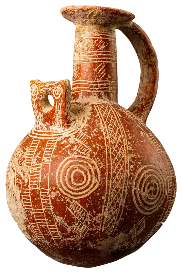 Red Polished Jug with Concentric Circles and a Squared Side-Spout
