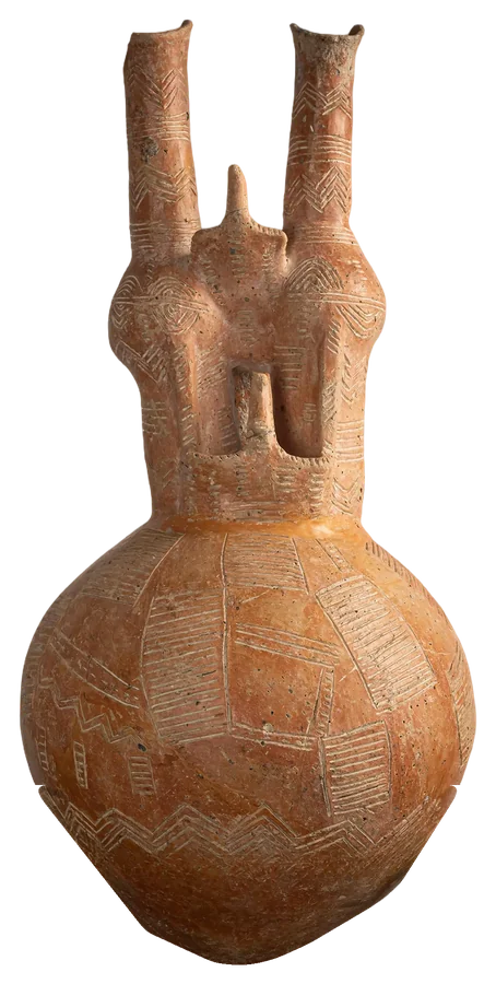 Red Polished Double-Necked Jug with Two Modelled Birds