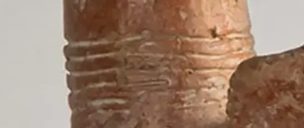 Detail of the base of a neck: parallel incised rings filled with white.
