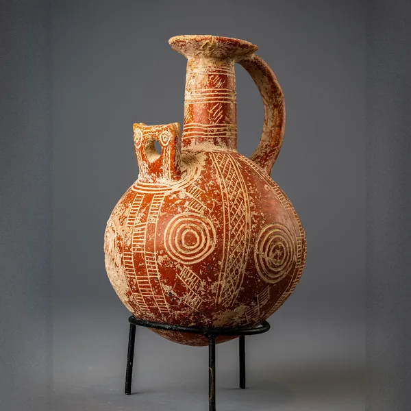 Red Polished Jug with Concentric Circles and a Squared Side-Spout