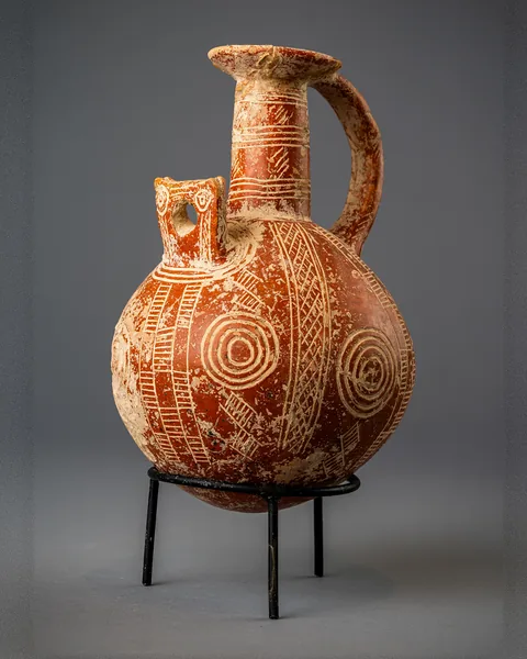 Red Polished Jug with Concentric Circles and a Squared Side-Spout