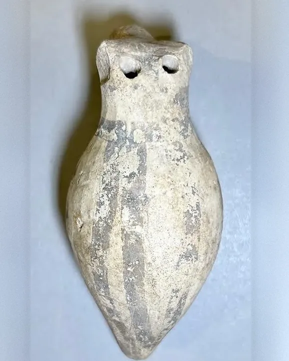 White Painted VI Owl-Headed Rattle