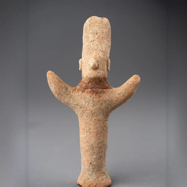 Terracotta Figure with Upraised Arms and Tall Cylindrical Headdress