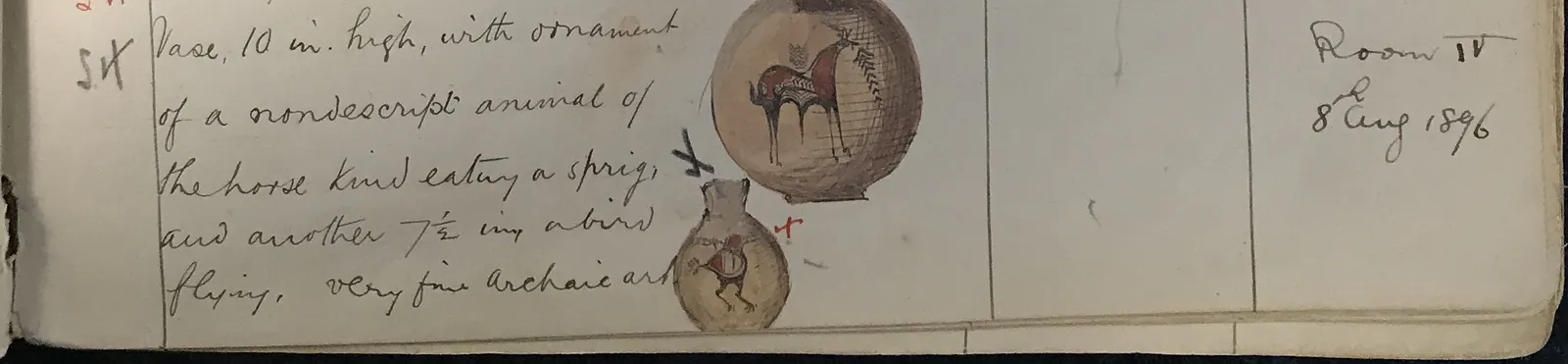 Handwritten catalogue entry with two small watercolour sketches of jugs; the smaller shows a bird