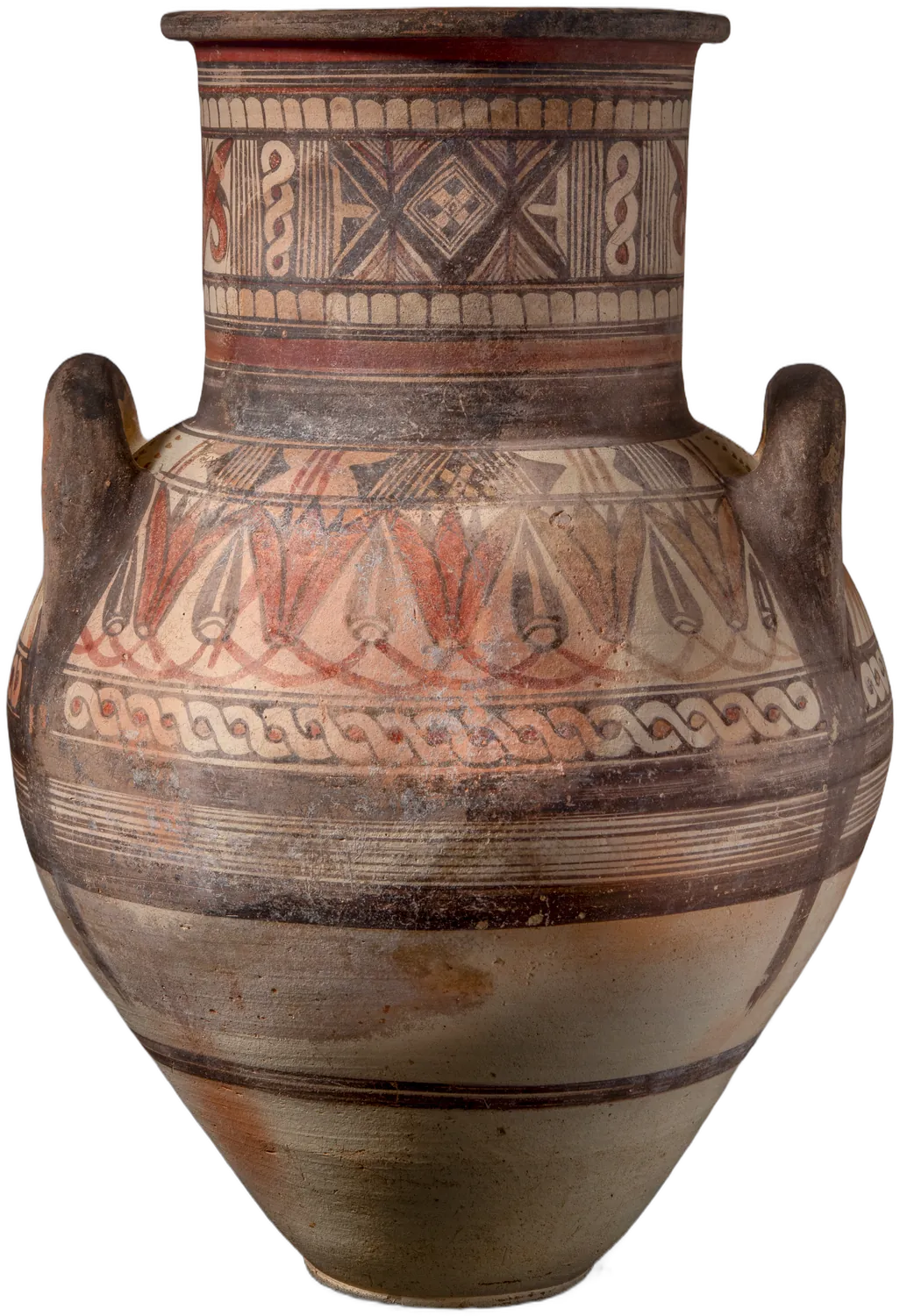 The Lotus Amphora: a large painted jar with a tall panelled neck, a chain of lotus flowers and buds round its shoulder, and a plain banded lower body.