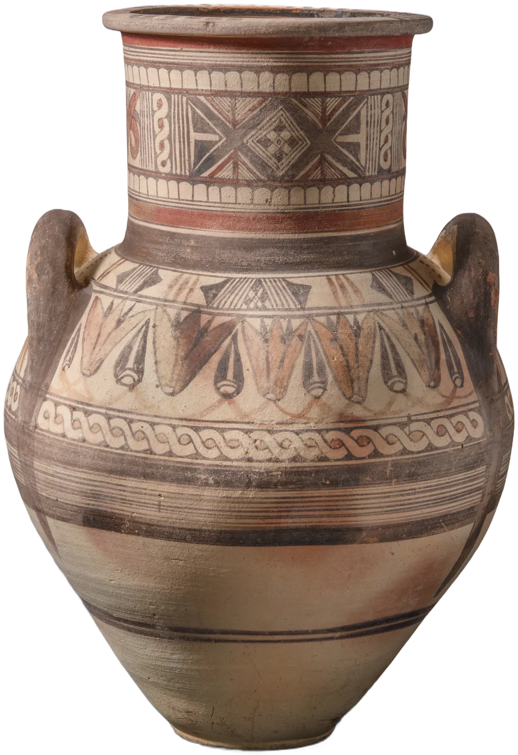 The amphora from the back: a second cross panel on the neck and a lotus chain washed mostly in brown.