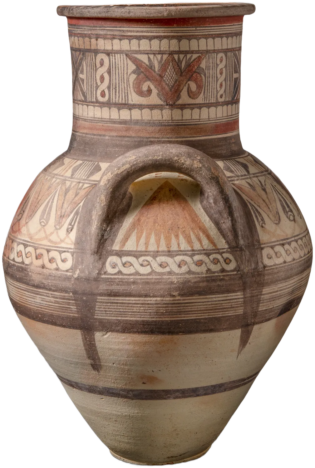 The amphora seen side-on over one handle, with a red volute flower on the neck and a red rayed triangle beneath the handle.
